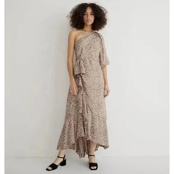 J.Crew Collection Leopard Print One-Shoulder Ruffle Hem Midi Dress Size 2 Event - Picture 2 of 11